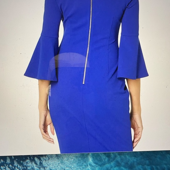 CALVIN KLEIN ROYAL BLUE  PEPLUM SHEATH BELL SLEEVE MIDI DRESS SUMMER TRAVEL SZ 8 - Picture 5 of 6